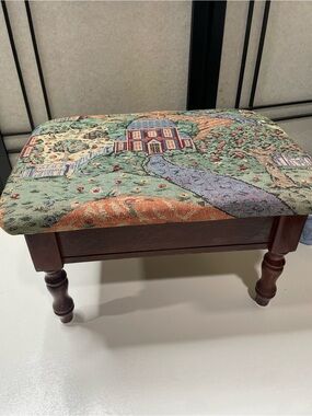 Vintage L. Powell Tapestry Storage Footstool- Country Scene Sewing Box Storage